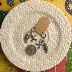 Silver Frog Earrings with Green Beads